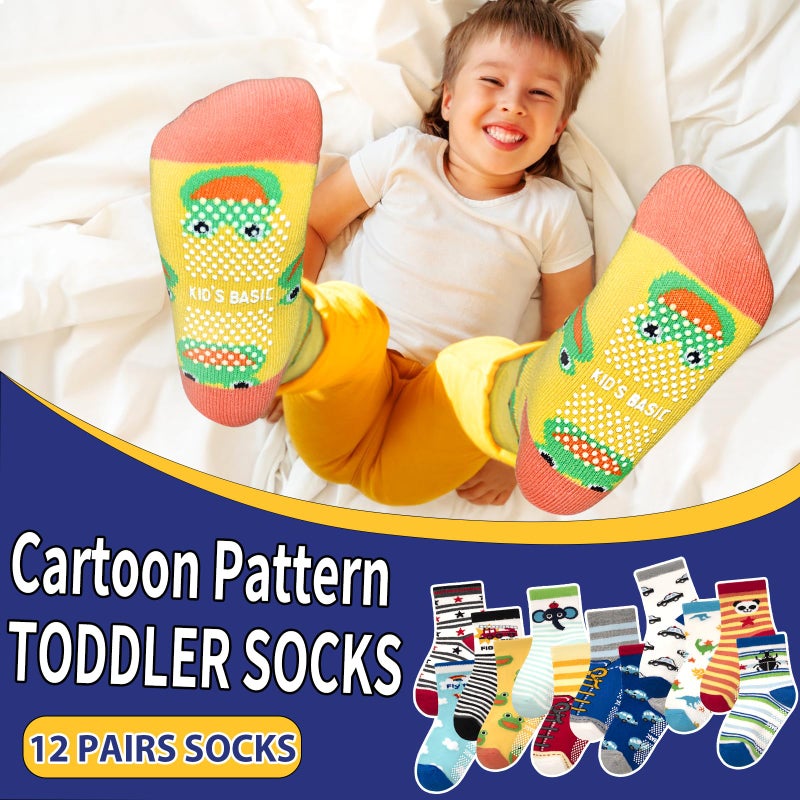 HYCLES Anti Slip Toddler Socks, 12 Pairs Non-Skid Cotton Grip Kid Socks for 3-5T Kids Boy Girl - Image 2